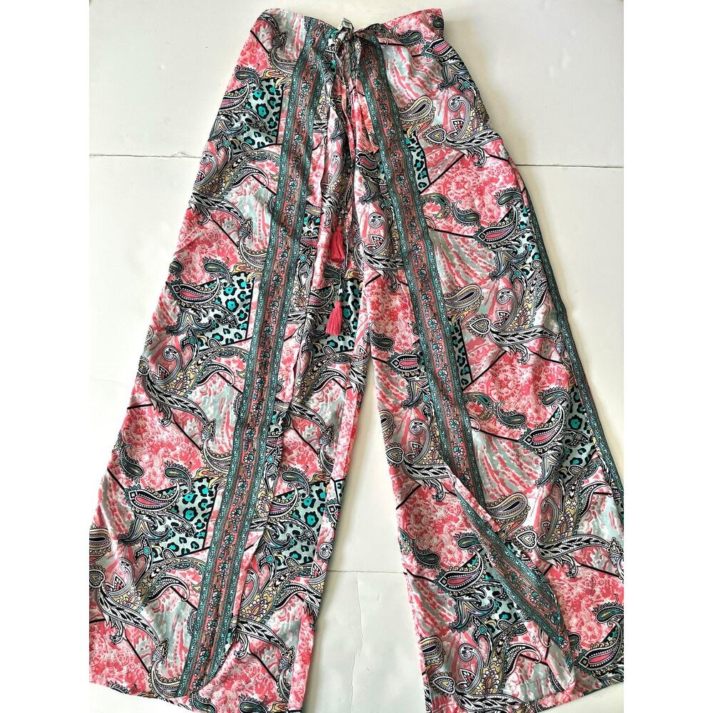 Karma Highway Pants Women One Size Paisley Harem Satin Elastic Waist Boho Hippie
